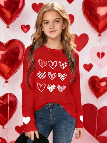 Image of Girls Valentines Day Shirt:Cute Heart Graphic Long Sleeve Tee Tops 6-14y