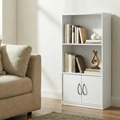 Furinno Gruen Book Shelf, 3-Tier Bookshelf, Bookcase with Open Shelf and 2 Doors Storage Cabinet, 9.3 x 21.8 x 39.5, for Organization and Storage, for Living Room, Bedroom, Home Office, White by Furinno - Image 3