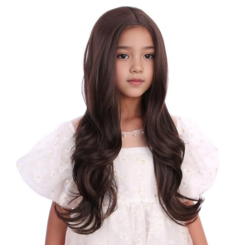Image of Kids Mixed Brown Wig Child Long Dark Brown Wavy Curly Wig Girls Chocolate Middle Part Wigs Heat Resistant Synthetic Wigs with Cap