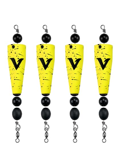 4 Pack Pre-Rigged Popping Corks for Fishing Steel Wire Leader Saltwater Fishing Cork Float with Rattling Beads Weighted Popping Cork for Redfish Trout Snook (Yellow with Black Splatter 3 (3/4oz))