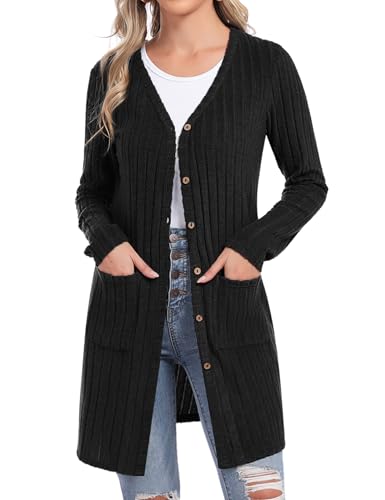 Aottori Cárdigan Largo Mujer Manga Larga de Punto Chaqueta Elegante Ligera Frente Abierto Jersey Cárdigans con Botones y Bolsillos Negro XL
