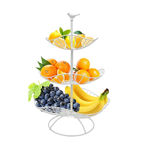 Fouvin Etagere Frutas de 3 niveles, cesta de frutas para más espacio en la encimera, bandeja de frutas de color blanco, cuenco de fruta de metal moderno con 3 cuencos de almacenamiento, 25 cm, 20 cm