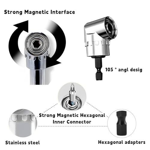 105 Degree Right Angle Drill Adapter, Corner Tool Screw Hub with Multi-Function Bend Screwdriver Bit, Extension Power Screwdriver Drill Attachment for Screwdriver Drill (Long)