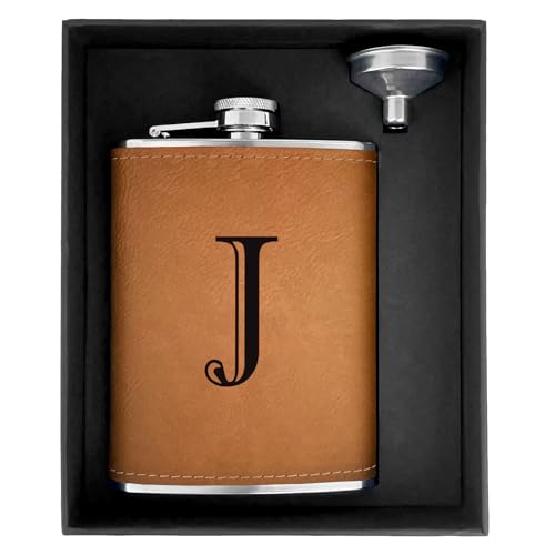 CARAKNOTS Hip Flasks for Liquor for Men Leather Drinking Whiskey Flask with Initials Engraved Stainless Steel with Funnel 8 OZ Groomsmen Gifts Personalized Christmas Birthday Gifts for Dad Letter J