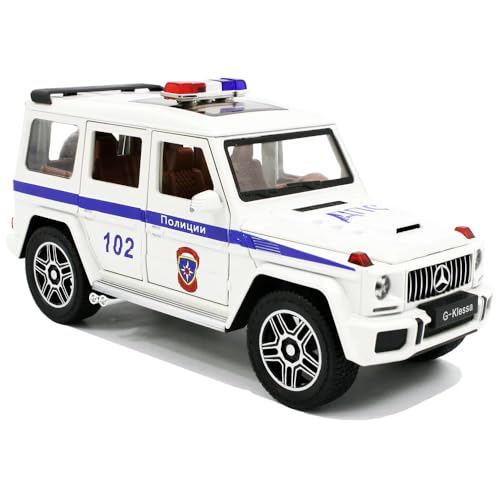 Image of Police Toy Car 1:24 Scale G Wagon Toy Car for Kids Diecast Metal with Light Sound Pull Back Openable Door, White