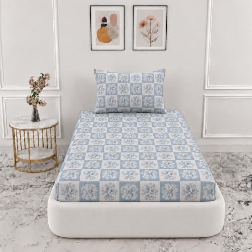 Image of VOMZER Single (36x72) 300 TC Soft Cotton Feel Microfiber All Around Elastic Fitted Single Bedsheet with 1 Frill Pillow Covers | Box Flower