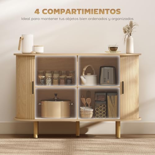 Miniatura 6 de Homcom Aparador Con Puertas Tambour Deslizantes, Aparador Para Salón Moderno, Con 4 Compartimentos Y Patas De Madera, Para Cocina, Entrada, Dormitorio, Roble, 120x40x78 Cm