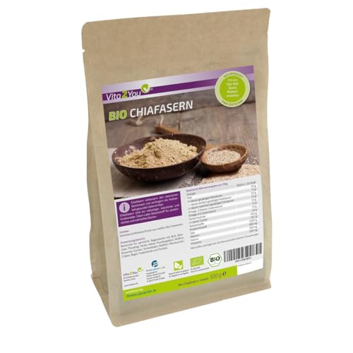 Vita2You Bio Chiafasern 500g - Ballaststoffreich - Glutenfrei - Chia Mehl zum Backen - Zippbeutel - alternative zu Flohsamenschalen - Premium Qualität
