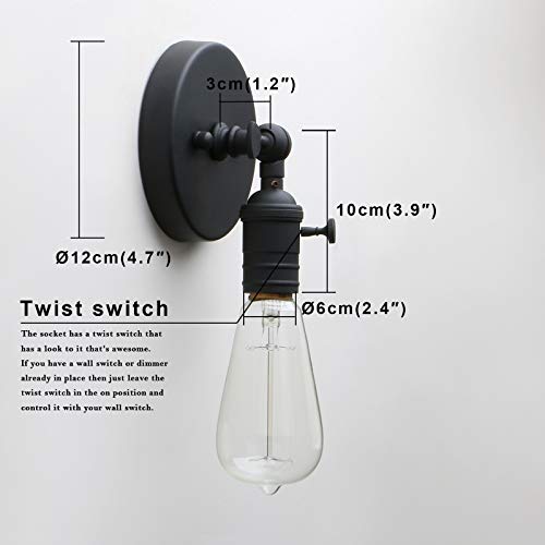 Permo Set of 2 Minimalist Single Socket Wall Sconce Lighting with On/Off Switch (Black)