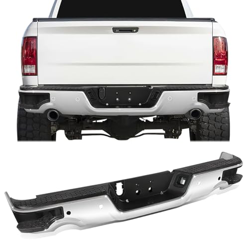 Rear Steel Step Bumper Compatible with Ram 1500 2009-2018 Compatible with Ram 1500 Classic 2019-2023 with Sensor Holes and Dual Exhaust Cutouts Step Pads Replacement Rear Bumper CH1103119 Chrome