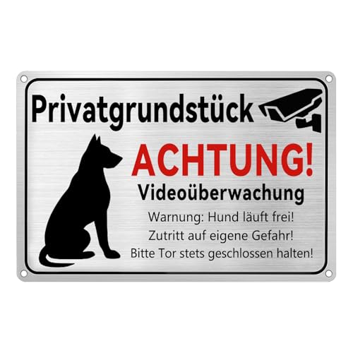 Freilaufender Hund Schild 30x20cm Warnschild Hier wache ich Videoüberwachung Privatgrundstück Selbstklebend mit Bohrlöchern