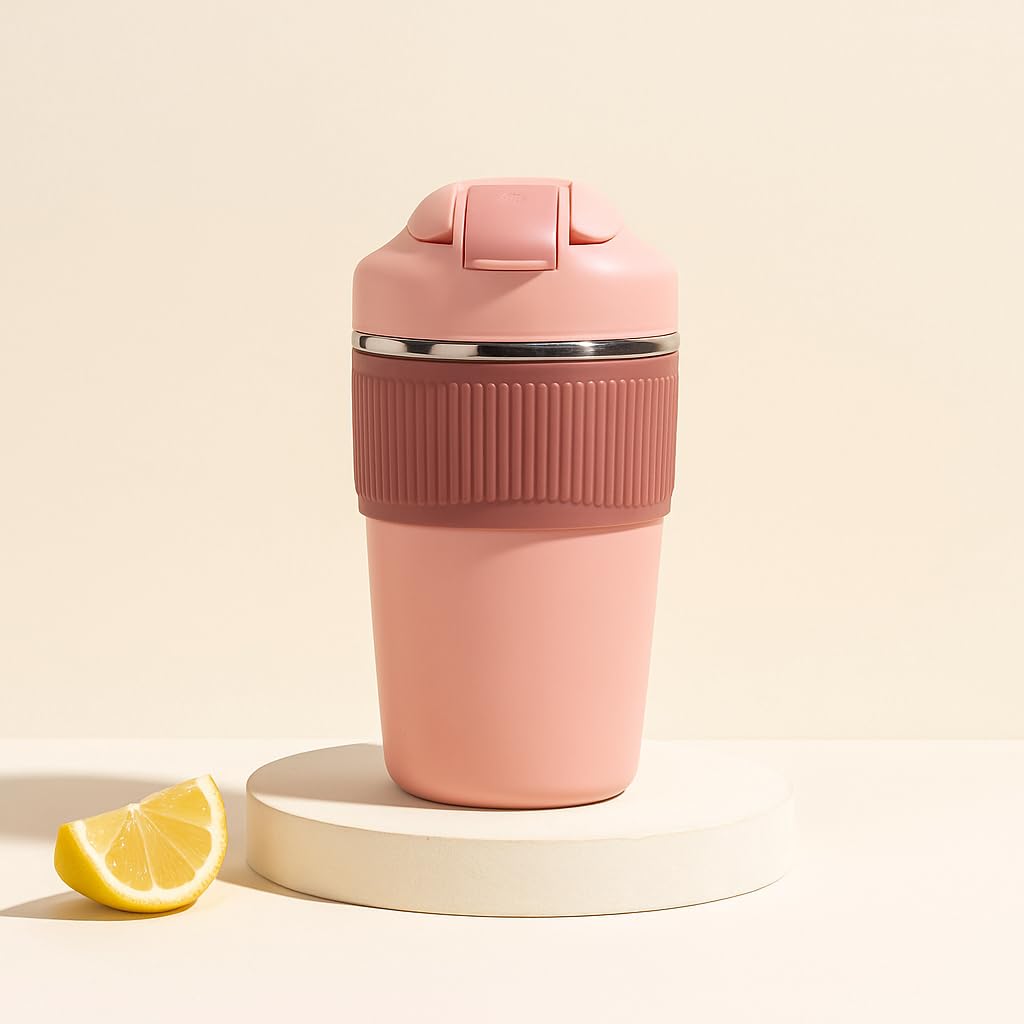 YELONA Stainless Steel Macaroon 350 Ml Double Wall Insulated Travel Coffee Tumbler Mug Sipper Thermos With 2In1 Flip Up Inbuilt Straw And Sip Lid, Leak Proof (Rough Powder)