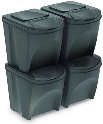 Trash Bin, 100 L, 4 x 25 L Container, Waste Sorting Bin, Pack of 4, 3 Colours