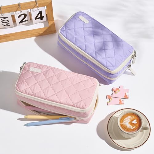 Image of Sooez Large Pencil Case Pouch, Extra Big Pencil Bag with 8 Compartments, Pen Bag Wide Opening, Soft Quilted Pencil Pouch Organizer with Zipper, Portable Pencil Case for Teen Girls, Rose Pink