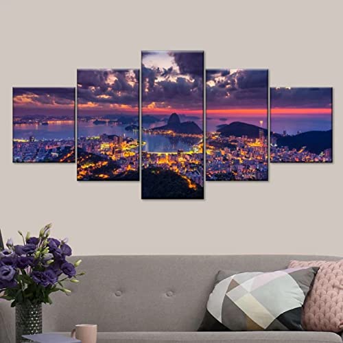 Canvas Prints Wall Art 5 Piece Rio De Janeiro Evening Skyline 5 Panels Painting Poster Hd Print Artwork Decorations For Bedroom Home Decorations For Living Room Frame #TOP2