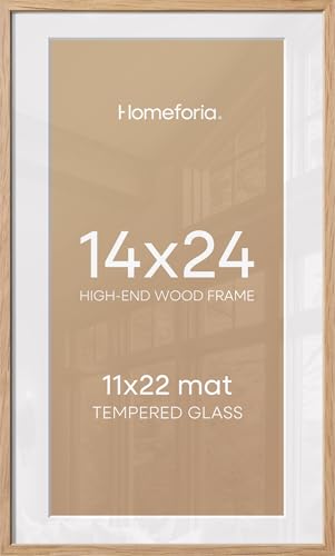 Image of Homeforia 14x24 Picture Frame Natural Wood, High End Oak 14x24 Light Wooden Poster Frame with Mat 11x22, 14 x 24 Frames Matted to 11 x 22 Photo, 24x14 Hanging Frame, Tempered Glass, Wall Kit, Set of 3