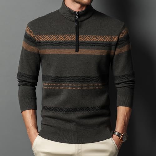 Men's Sweater Quarter Zip Striped Pullover 100% Wool Fall and Winter Color Block Polo Sweaters2
