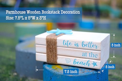 LIVDUCOT Beach Coastal Wooden Decorative Books Stacked House Decor - Faux Ocean Books for Fireplace Mantle Bookshelf Home Coffee Table Decoration 7.5x5x3' - Image 2