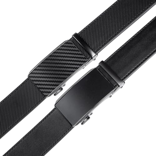 Image of 2 Pack Ratchet Belt 1 3 /8 inch, Mens leather Dress Belt in Gift Set Size 28 inch-62 inch Adjustable waist Trim to Fit