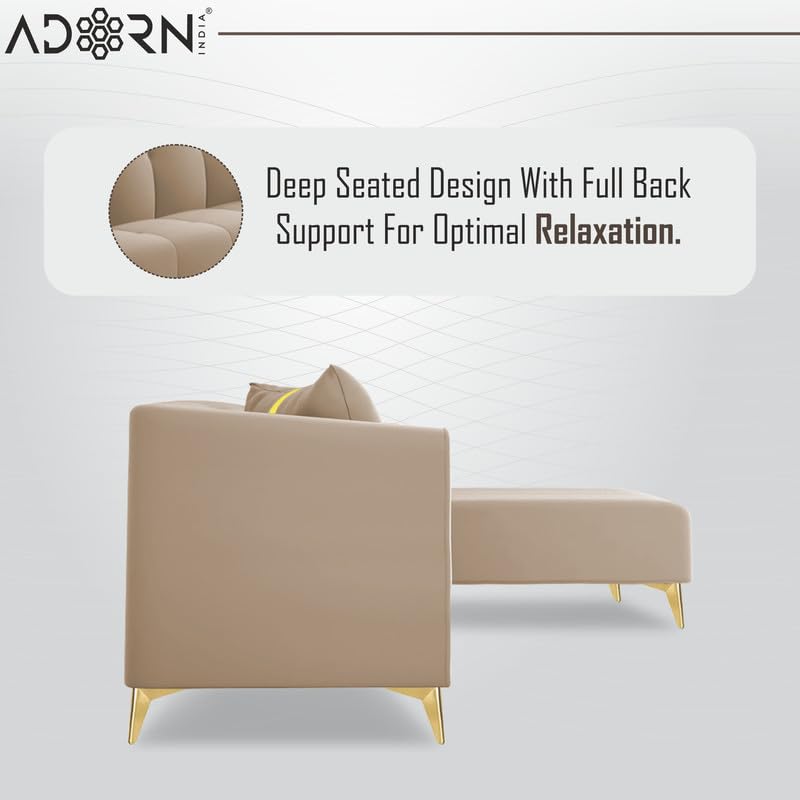 Image of Adorn India Premium Mystic - 3 Years Warranty - L Shape 5 Seater Sofa Set Velvet Suede Fabric - Beige