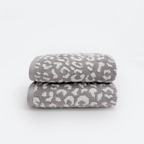 Image of Allure Bath Fashions Luxury Zero Twist Pack of 2 Leopard Print Hand Towels 50 x 85cm in Grey/White – 100% Cotton, Super Soft, Absorbent & Quick Dry, Plush 500GSM Bathroom Towels with Hanging Loop