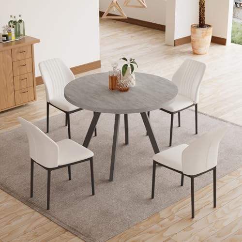 Zerifevni 34.6'' Round Dining Table and Chairs for 4, Mid Century Modern Round Table Set, Space Saving for Apartment Kitchen Dining Room (Grey Table+4 White Chairs)