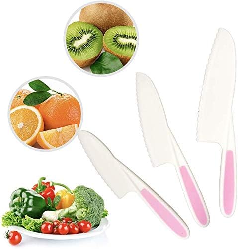 6 Pieces kids Safe Knife With Cutting Board &Vegetable Cutters Set, Firm Grip, Safe Lettuce and Salad Knives, Real Kids Cooking Tool in 6 Sizes & 4 Colors,Serrated Edges, BPA-Free Kids' Knives (Pink)