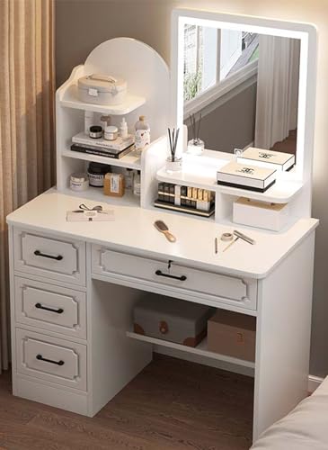 SHARPDO Makeup Vanity Desk Modern Minimalist Dressing Table for Bedroom with LED Mirror and 4 Drawer Storage Vanity Table with Drawers White
