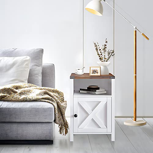 HOMBCK Farmhouse Nightstands Set of 2, Industrial Side Table for Bedroom, Rustic End Table for Living Room, Accent Nightstand Wood Bed Side Table with Shelf and Barn Door, Set of 2, White - Thumbnail 4