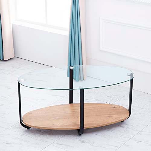 PUCHIKA Table d'appoint pour salon, table basse, design moderne, ovale, verre, bois et métal, marron et noir, 95 x 50 x 43,5 cm