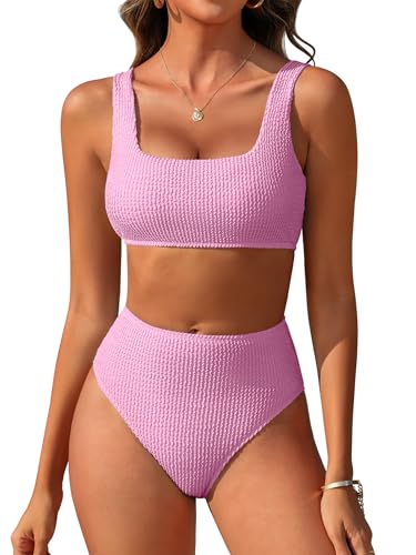 Image of ANRABESS Women' Two Piece Bikini Sets, High Waist Square Neck Swimsuits ,Ribbed Textured Comfy Bathing Suits,Beach Swim Wear
