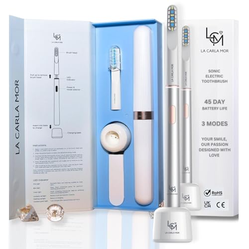 La Carla Mor Sonic Electric Toothbrush - Rechargeable Toothbrush with 45-Day Battery, Smart Timer & 3 Brushing Modes - Ideal for Sensitive Teeth - High-Efficiency Electric Cleaning Brush (Silver)