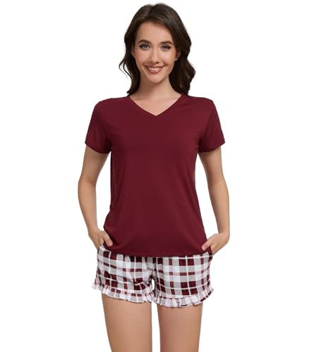 Image of WiWi Womens Pajamas Set Bamboo Viscose Super Soft Short Sleeve Top Ruffle Shorts Sleepwear Cooling Pj Sets S-XXL