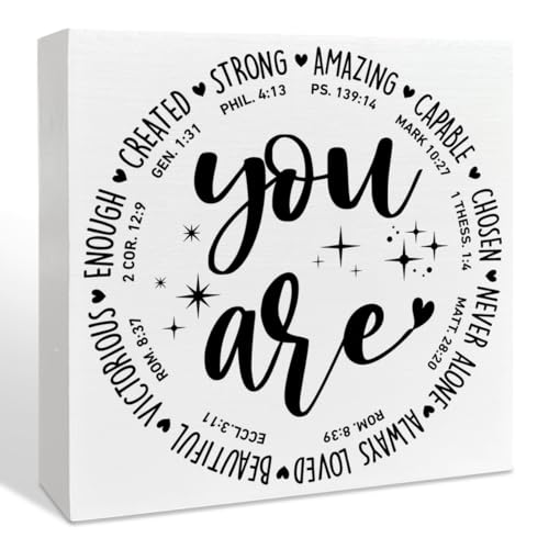 Christian Desk Wooden Box Sign Decor, Bible Verse Motivational Quote Decorations for Home Office, Inspirational Christian Gifts for Women Men Faith Church, You Are Inspiration