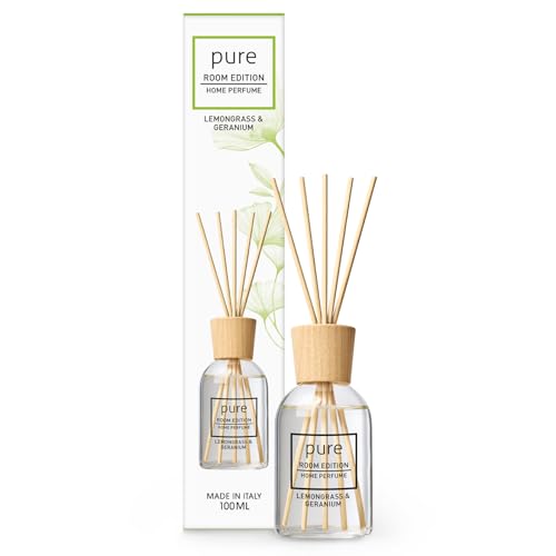 PURE ROOM EDITION 100ml Raumduft Zitronengras & Geranie: natürliche Inhaltsstoffe, vegan & tierversuchsfrei, Bio-Alkohol, Diffuser mit Stäbchen hergestellt in Italien