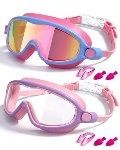 Rantizon Kids Swimming Goggles 2 Pack, Anti Fog&UV Swim Goggles for Boys Girls, No Leak Pool Beach Essentials for kid 3-14 (Mirror Pink & Purple)
