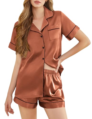 Image of Silk Pajamas for Women Short Sleeve Sleepwear Soft Button Down Loungewear 2 Piece Satin Pjs Shorts Set S-XXL