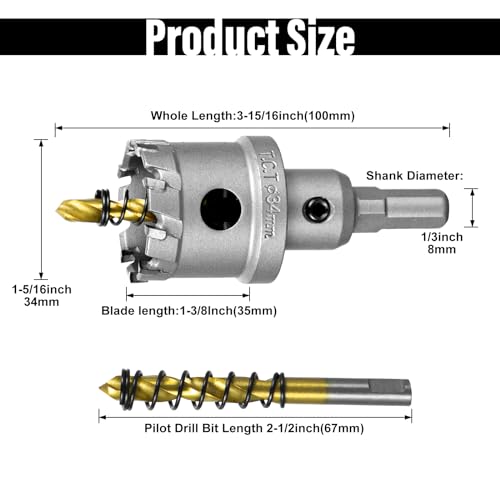 Image of SALI 1-5 /16 inch (34mm) TCT Hole Saw Kit Tungsten Carbide Tipped Hole Saw Drill Bit with Titanium-Plated Pilot Drill bit for Metal, Stainless Steel, Iron, Wood, Plastic