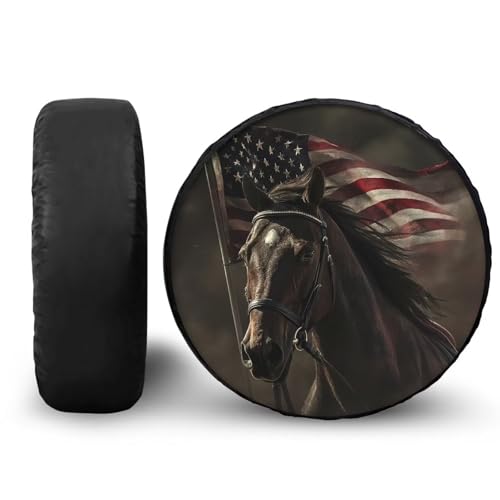 Image of Pensura 14-19 inch Spare Tire Cover Universal Fit for Trailer, SUVs, Trucks, Cool Horse American Flag Design Tough Tire Wheel Soft Cover