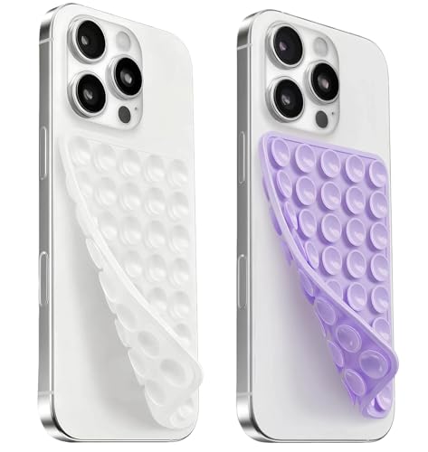 Image of 2 Pack Silicone Suction Cup Phone Case Mount Double Sided, Sticky Phone Grip with Higher Suction Power for Cell Phone, Hands-Free Phone Accessories for Selfies and Videos, Clear & Lavender