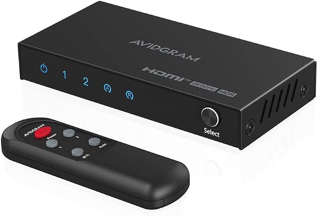 HDMI 2.1 Switch 8K 60Hz, AVIDGRAM HDMI Switcher 2 in 1 Out with IR Remote, 2 Port 4K 120Hz Auto HDMI Selector Hub Support 8K 48Gbps for Xbox Series X PS4 Pro PS5 Roku UHD TV Monitor Projector