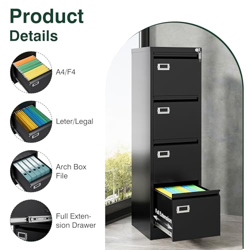 STANI Metal Vertical File Cabinet with Lock,Narrow Filing Cabinets Hanging Files Letter/Legal/A4 Size, Metal Storage Cabinet for Home Office, Assembly Required (Black, 4-Drawer)