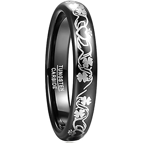 TUNGSTORY Mens Womens 4mm Black Tungsten Carbide Wedding Ring Laser Celtic Claddagh Engagement Promise Band Size T1/2 Cover