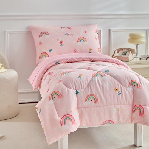 Image of Toddler Bedding Set Pink Rainbow Comforter Set for Girls Soft Cozy Bed Set