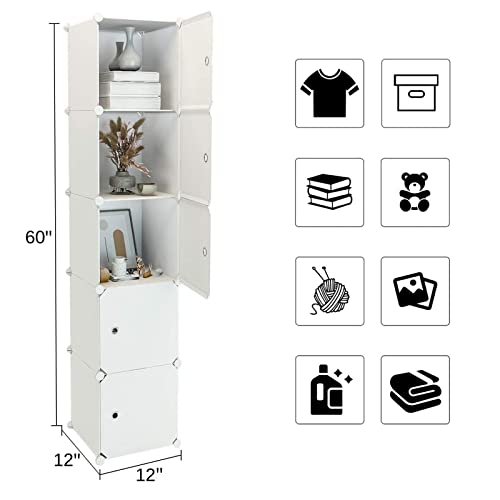 Maginels Cube Storage Organizer 5-Cube (11.8"X11.8") Narrow Cabinet Closet Storage Shelves Plastic Storage Shelving For Bedroom, Living Room, Office, White With Doors #TOP3