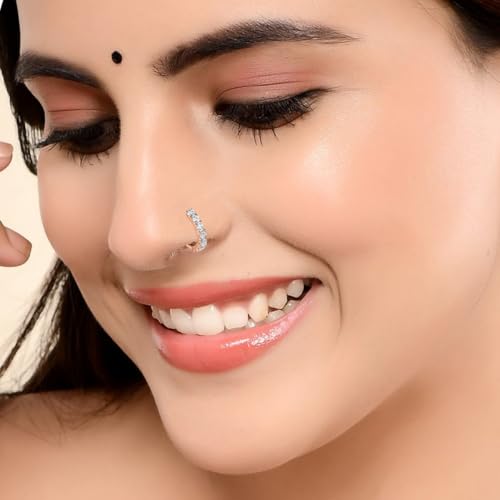 Image of VAMA FASHIONS Silver Gold Rosegold Crystal Stone Piercing Ring Nose Pin Pierced Hole Type Nosepin for Women & Girls