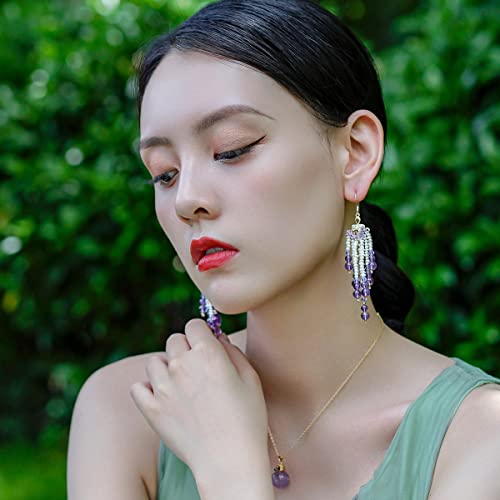 Yinujiao Fringe Hook Dangling Earrings Long Bohemian Handmade Beaded Water Fresh Pearl Tassel Drop Dangle Earrings For Women Girls Bridal Wedding Solid 925 Sterling Silver Amethyst Purple Gemstone Bead Gift Packaging #TOP5