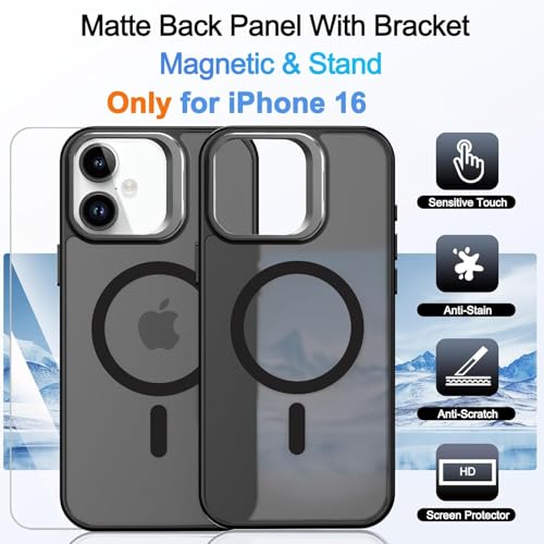 Image of MagPro case with Stand for Apple iPhone 16 | Magnetic Compatible Protective Cover with Strong Magnetic, Shockproof Armor, Scratch Resistant Polycarbonate Hard Back | Translucent Matte Black