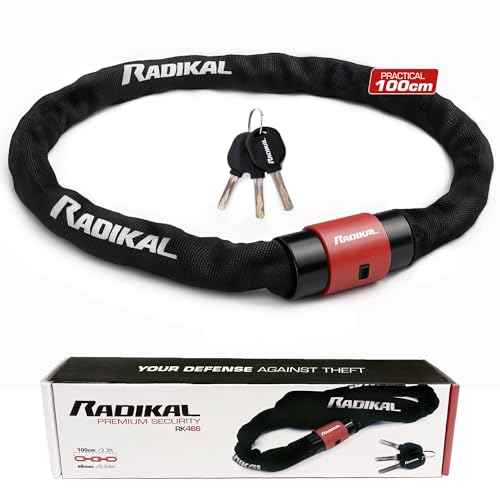 RADIKAL RK466 Cadenas antivol pour vélo en acier Ø6 mm, 100 cm, fermeture rotative avec couvercle, chaîne légère flexible, antivol moto, verrouillage universel pour moto, scooter, vélo, serrure de