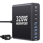 320W USB C Charger Block, 10-Port USB C Charging Station GaN III PD 65W Laptop Fast Charger Adapter for MacBook Pro/Air, DELL, iPad, iPhone, Samsung Galaxy Black